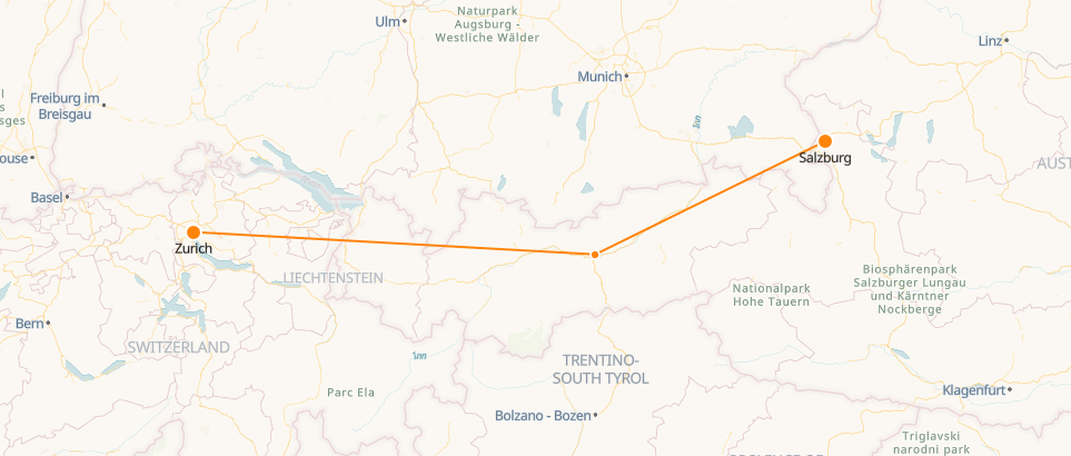 Mapa de Zúrich a Salzburgo