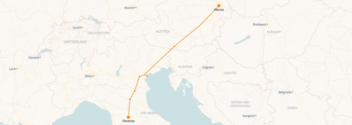 Mapa de Viena a Florencia