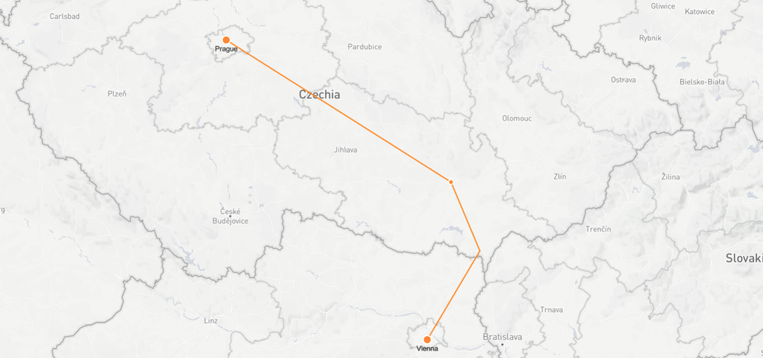 Mapa de Viena a Praga