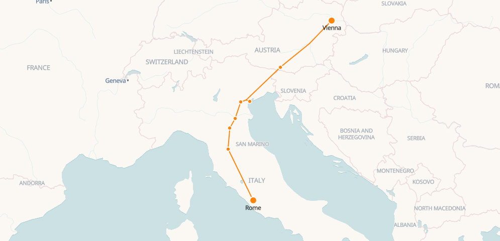 Mapa de Viena a Roma  