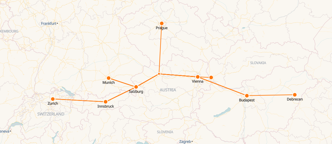 Mapa de Railjet Xpress